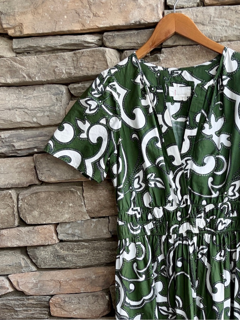 Anthropologie Somerset Maxi Dress Green Scroll Print Short Sleeve pockets cotton